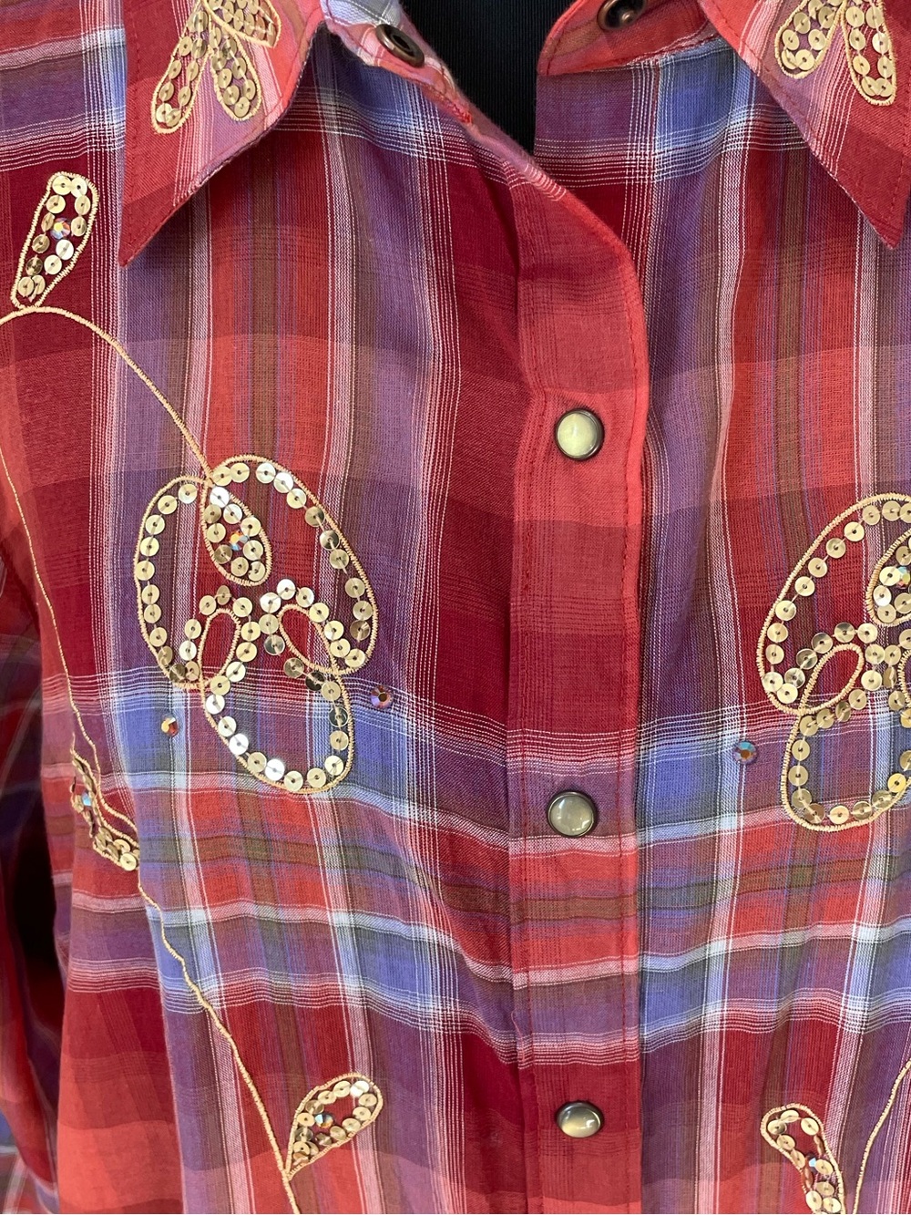 Cruel Girl Red Plaid Button-Down Shirt with Gold Embroidery Pearl Snap - Picture 2 of 6